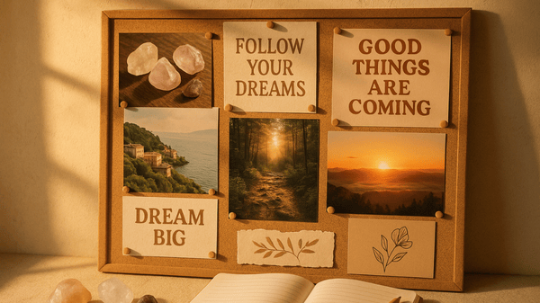 Manifestation tools for 2025 including vision board, crystals, and journal
