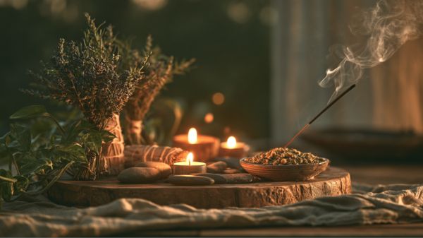 A close-up photograph of a handcrafted wooden altar holding a cluster of live lavender, sage bundles, and trailing pothos vines.