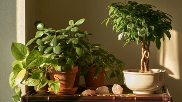 A sunlit corner shelf displays a lush jade plant with thick, glossy oval leaves beside a cascading golden pothos draping over terracotta pots.