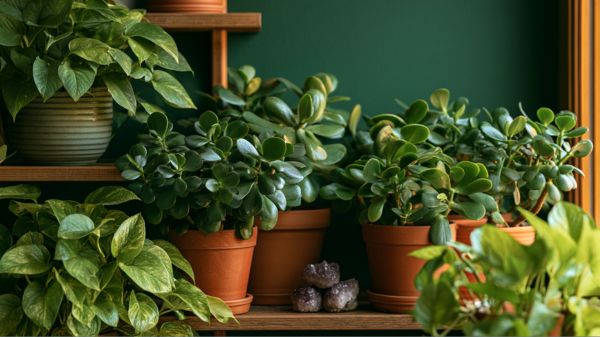 A lush, styled corner of a home featuring five jade plants and three golden pothos arranged asymmetrically on wooden shelves.