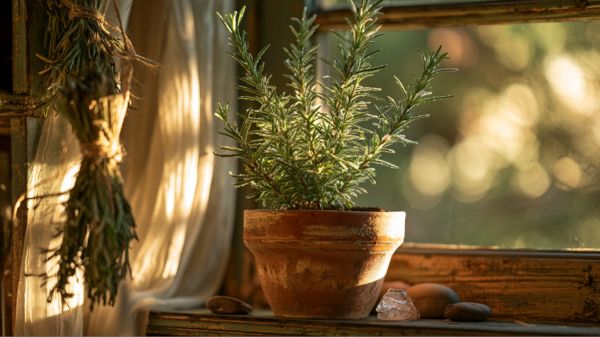 A sunlit windowsill holds a thriving rosemary plant in a weathered terracotta pot.