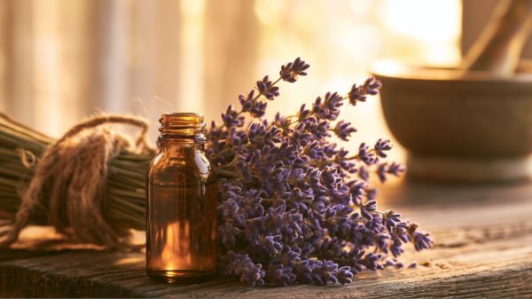 A close-up photograph of fresh lavender stalks bundled with rustic twine, resting beside a small amber glass essential oil bottle on a weathered wooden surface.