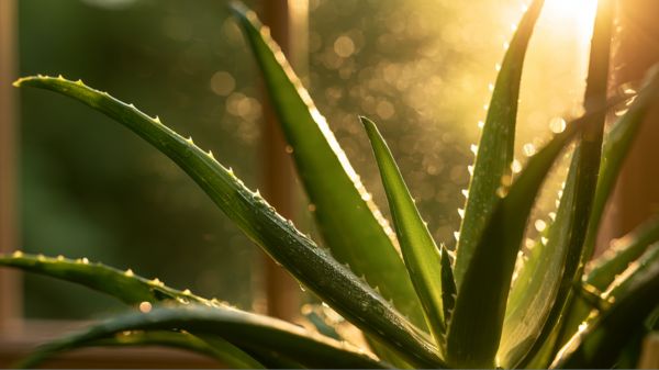 A close-up photograph of a vibrant aloe vera plant bathed in warm golden sunlight streaming through a window.