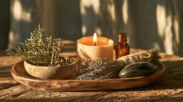 A sunlit wooden tray holds a small clay bowl of dried rosemary sprigs.