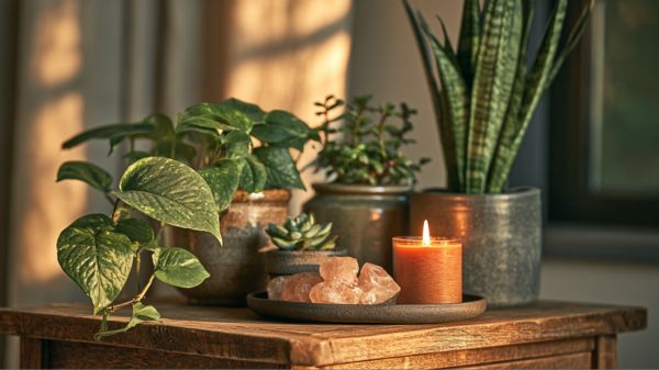 A softly lit bedroom corner featuring a tiered wooden nightstand styled as a love altar.