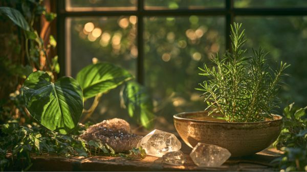 Raw amethyst and clear quartz crystals nestled among lush green pothos leaves and trailing ivy.