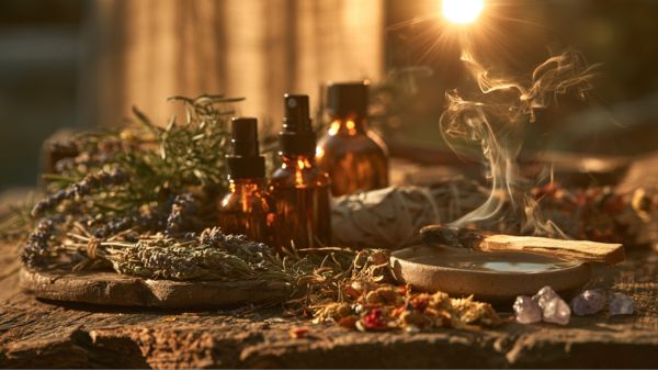 A rustic wooden table holds small amber glass spray bottles surrounded by scattered dried lavender, rosemary sprigs, and sage bundles.