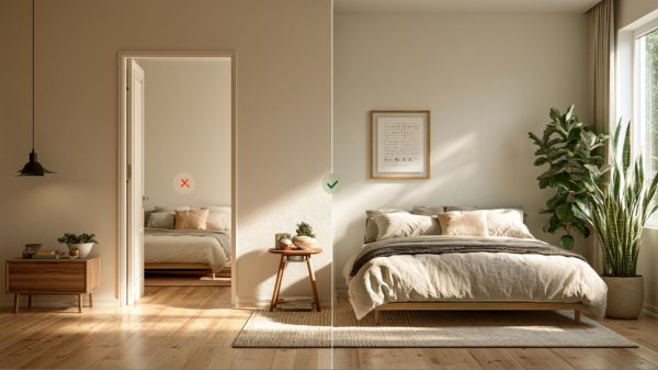 A side-by-side diagram showing the incorrect Feng Shui coffin position versus the correct command position for bed placement to improve sleep.