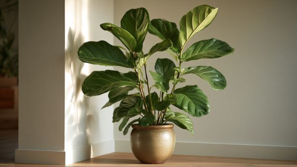 A tall, healthy houseplant softening a sharp, empty corner (feng shui dead corners plants) in a modern living room.