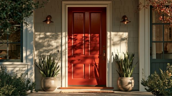 A beautiful, clean front door painted red, flanked by healthy potted snake plants, demonstrating good Feng Shui entryway design.