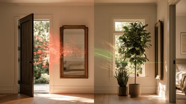 A side-by-side diagram showing the incorrect Feng Shui placement of a mirror facing a front door versus the correct placement on a side wall.
