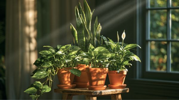 A sun-drenched living room corner features a cluster of lush houseplants.