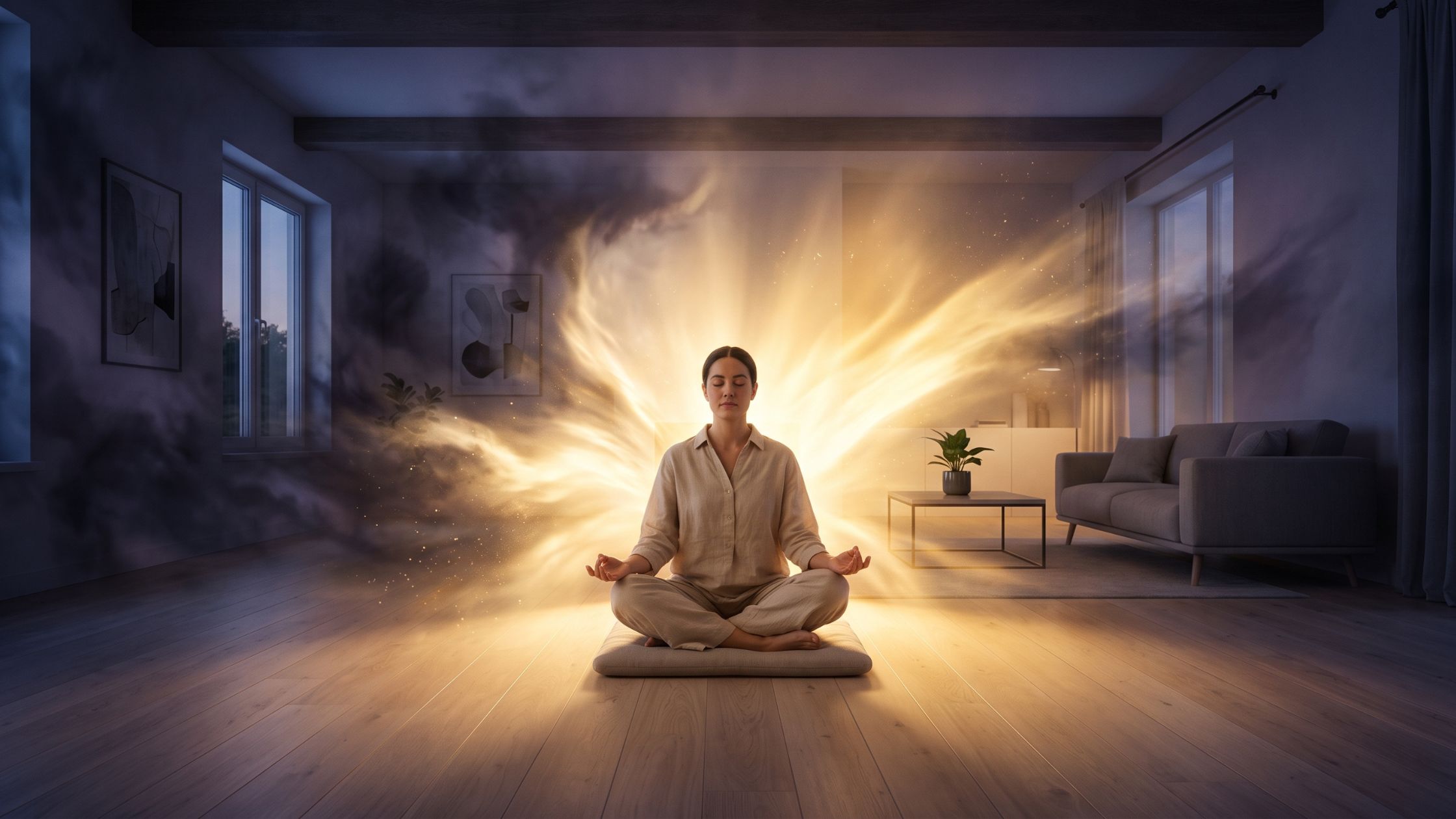 A person meditating in a living room, clearing deep energetic blocks as golden light pushes away dark, stagnant shadows.
