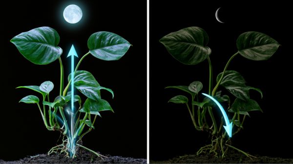 A diagram showing how moon phase gardening works, with lunar gravity pulling plant sap up during a full moon and down during a new moon.