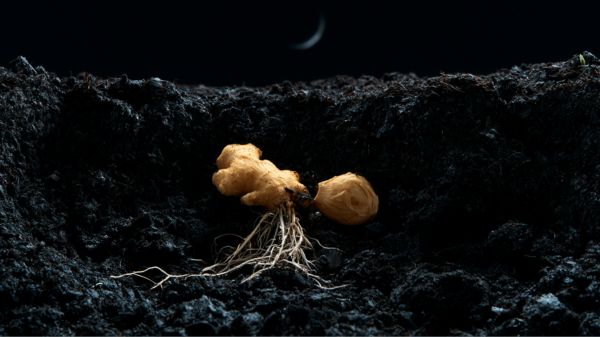 A cross-section view of ginger and roots growing deep in dark soil under a new moon.