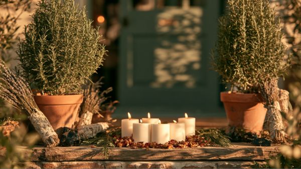 A sun-drenched front doorway flanked by two towering rosemary topiaries in terracotta pots.