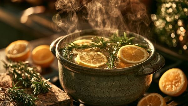 A rustic ceramic pot simmers on a stovetop, filled with steaming water, fresh rosemary sprigs, and sliced lemon rounds.