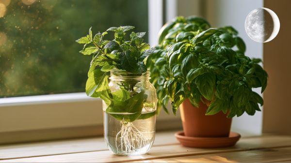 A glass propagation jar with rooting mint and a lush potted basil plant sitting under a glowing waxing moon, demonstrating the best plants for lunar gardening.