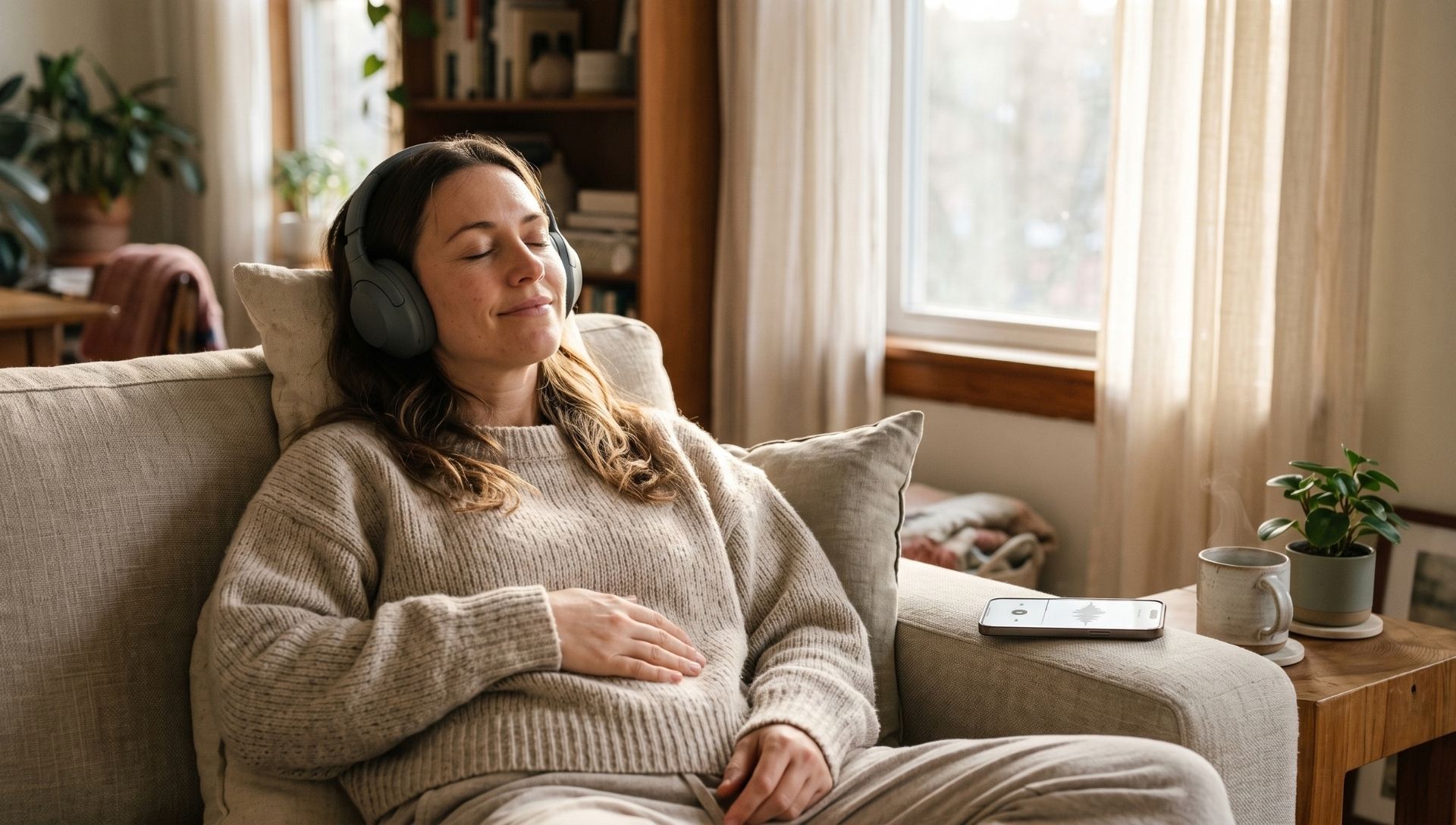 Woman relaxing on a leather couch with eyes closed wearing over-ear headphones, representing the daily audio routine of the Billionaire Brain Wave program